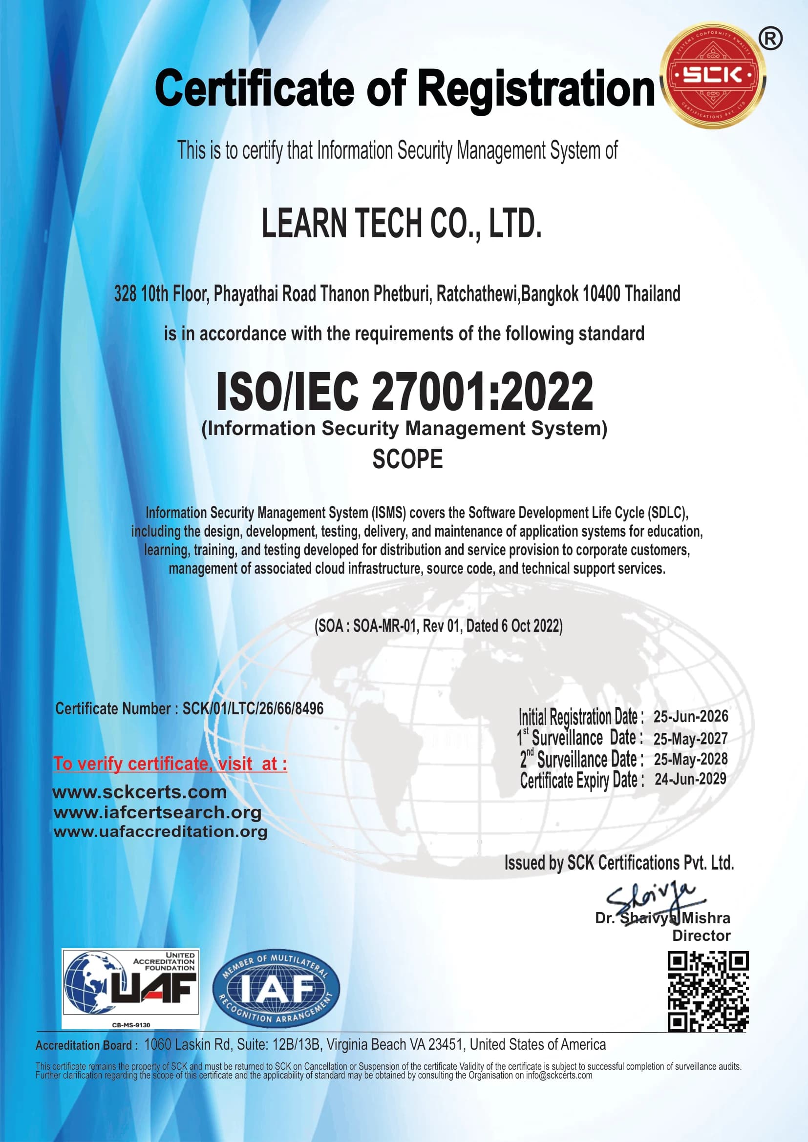 ใบรับรอง ISO/IEC 27001:2022 ของ Learn Tech Co., Ltd.