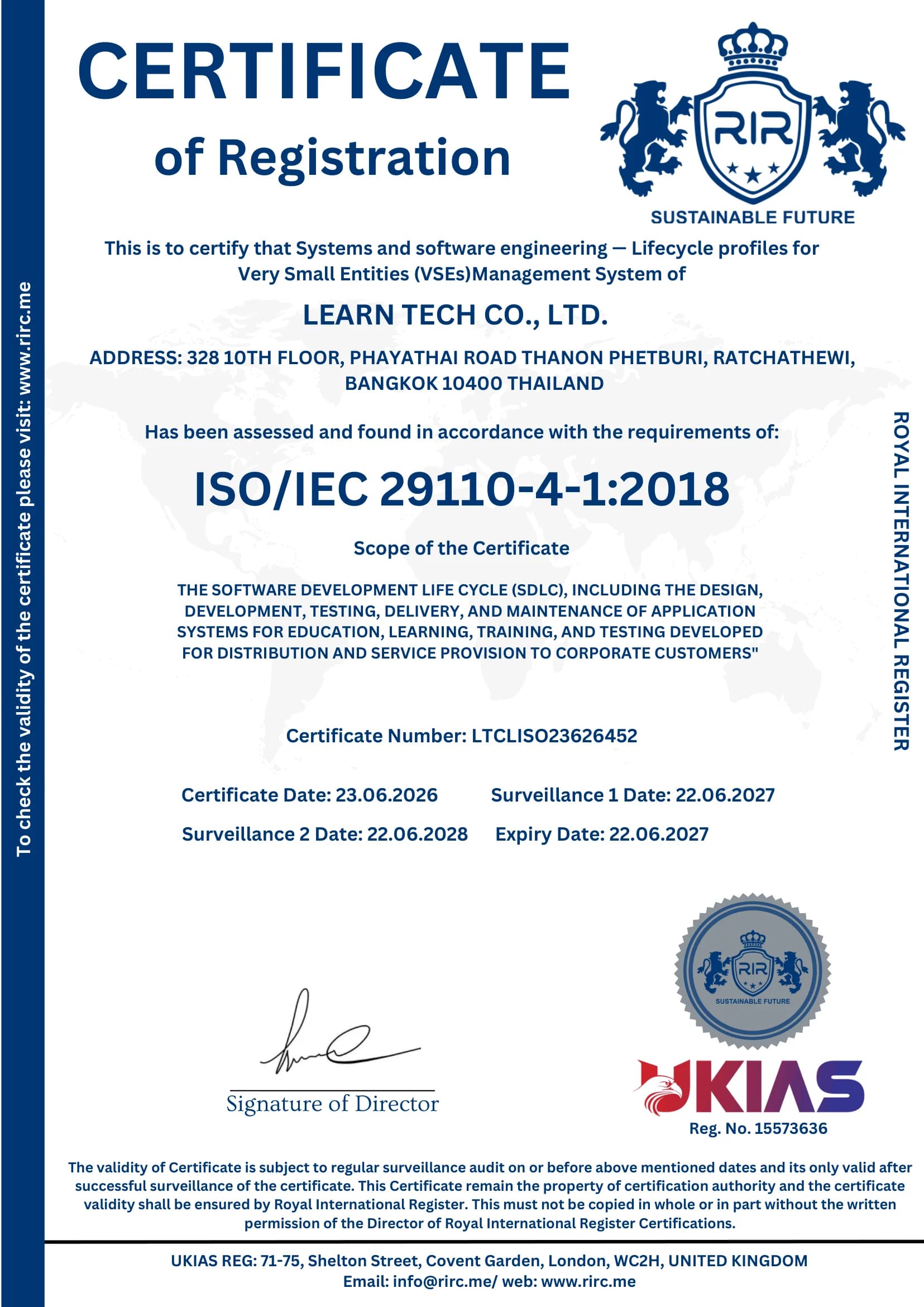 ใบรับรอง ISO/IEC 29110-4-1:2018 ของ Learn Tech Co., Ltd.